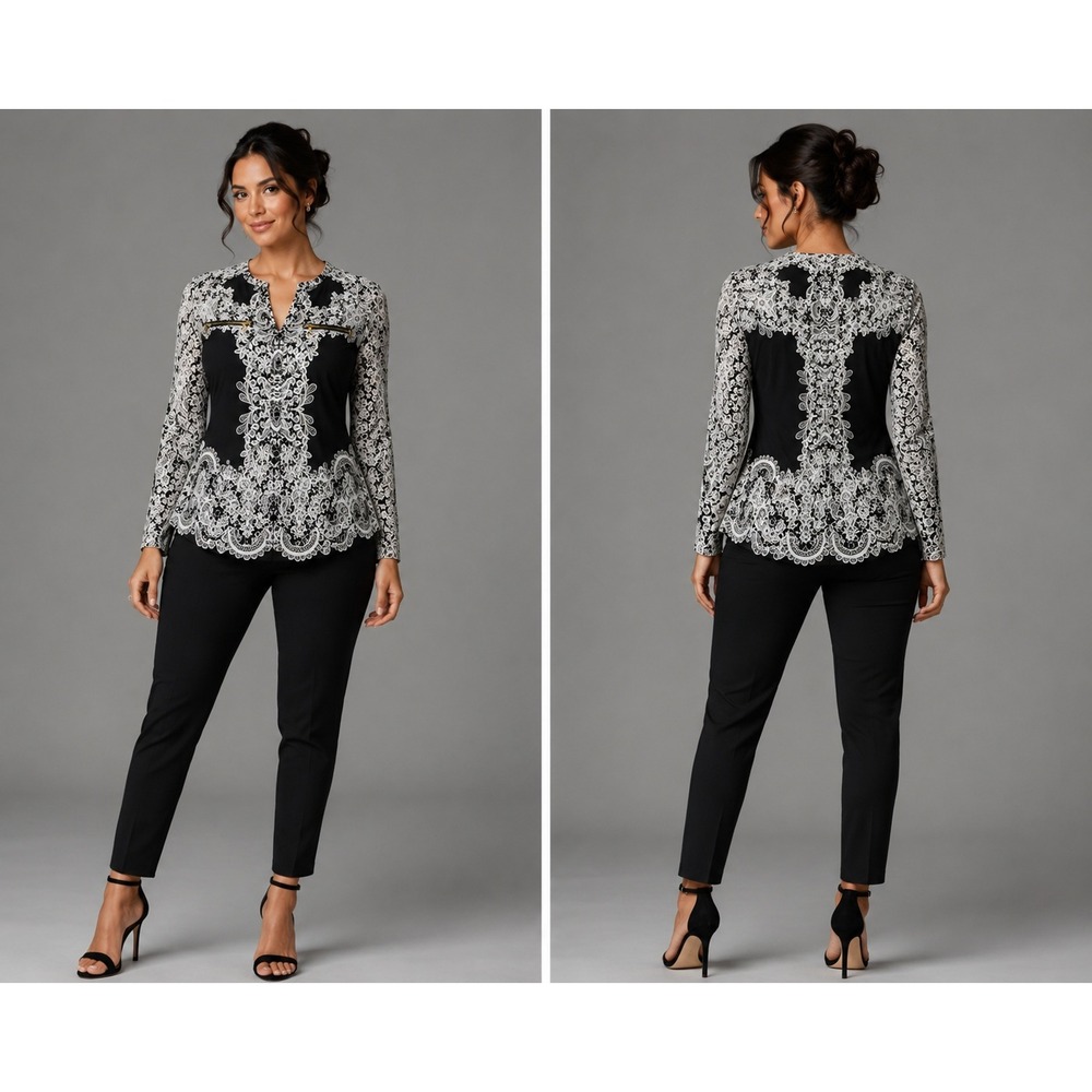 INC International Concepts Blouse Womens Small Black White Lace Print Zip Top